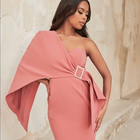 Gorgeous ne shoulder cape midi dress in rose pink - Picture 2 of 8